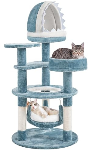 Yaheetech Árbol para Gatos 115cm Rascador para Gato Torre de Gatos con Hamaca Cueva Plataforma Estilo del Océano Azul y Blanco