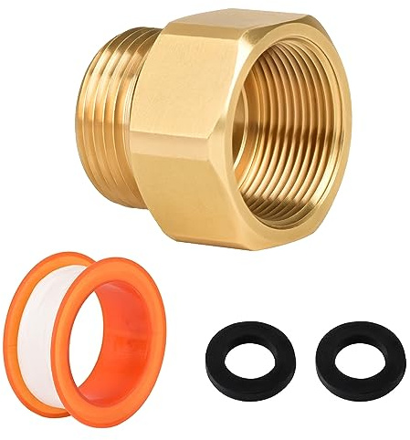 1 Pack Hose Bib Adapter 1-1/16 Inch Fine Thread Female to 3/4 GHT Male Hoses with Plumbers Tape and Rubber Washer, Brass