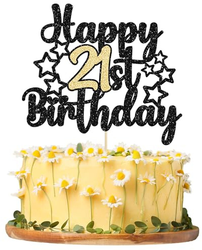 Gyufise 1Pc Black Gold Glitter 21st Birthday Cake Topper - Cheers to 21 Years Fabulous Party Supplies and Decoration