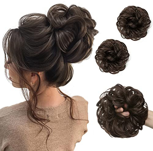 SARLA 2PCS Messy Bun Hair Pieces for Womens Synthetic Scrunchies Buns Extension Hairpieces Updo Pony Tail Dark Brown