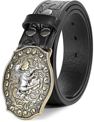 BELTROAD Cintura con fibbia in pelle occidentale per uomo donna cowboy cowgirl cintura in pelle per jeans cintura da uomo di Natale regali, 01-nero (fibbia cavallo), for Wasit 31-34