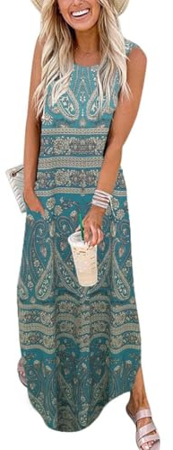 Cuptacc Sommarklänning, dam, ärmlös strandklänning, lång tankklänning, lös midiklänning med fickor, lätt och luftig, boho paisley cyan, S