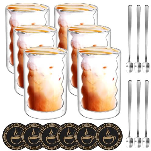 Conjunto de 6 Tazas de Café de Cristal, 350ML Vasos de Espresso de Doble Pared Transparente, Tazas de Vidrio Borosilicato con 6 cucharas y posavasos, para Cafe Leche Té Latte Macchiato y Más (6pcs)