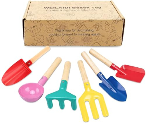 WEILAIDI Beach Toys, 6 Pcs Children Beach Sand Toys, 8'' Kids Gardening Set Metal Garden Tools with Sturdy Wooden Handle,Safe Kids Shovel with Cylinder, Spoon, Fork, Rake, Flat Shovel & Pointed Shovel