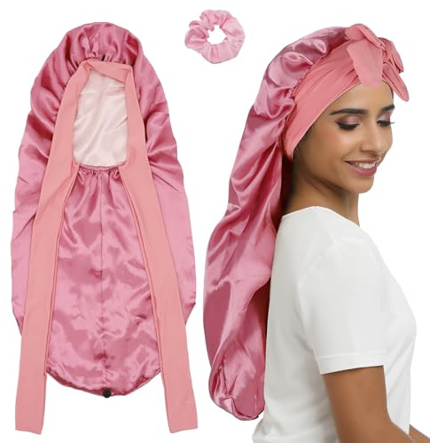 SENGTERM Lange Satin Schlafmütze Seiden haube für Frauen - Doppelschicht elastische Seidenhaube für Braids Hair Sleeping Cap mit Krawattenband (DE/NL/SE/PL, Alphanumerisch, M, L, Long pink)