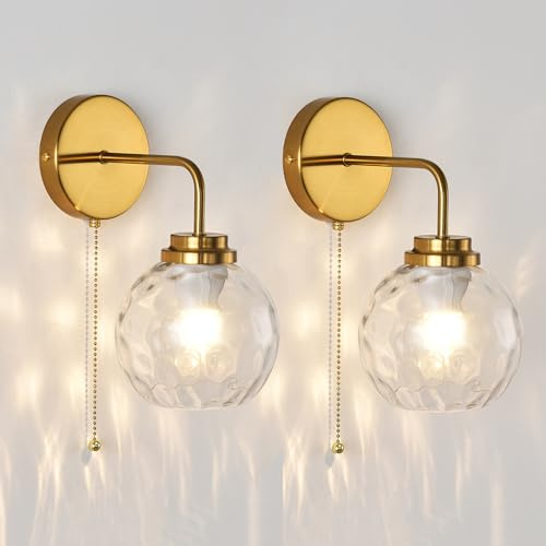 OURLOVEII 2 Stücke Glas Wandleuchte mit Schalter Gold Wandleuchten Innen Schlafzimmer, Glaskugel Wandlampe Golden mit Schalter Badezimmer, E27 Wand Lampen, für Nachttisch Flur (2 Stück Gold)