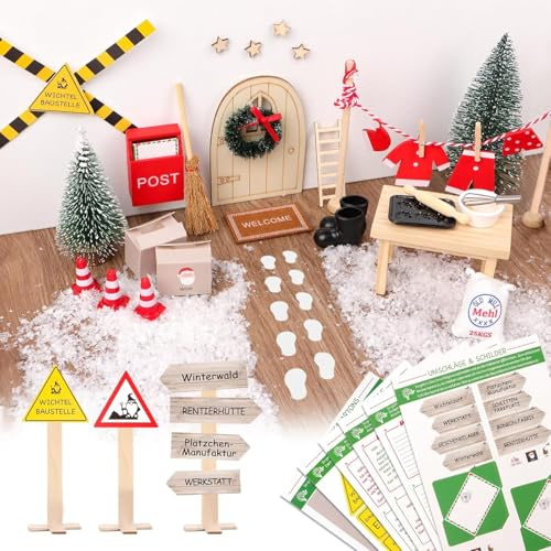 52 Stück Wichteltür Set mit Briefe,Baustelle,Briefkasten,Stiefel,Kranz,Leiter Wichtel Zubehör,Adventskalender,Wichteltür Set mit Briefen,Puppenhaus Zubehör Miniatur,DIY Geschenk für Kinder