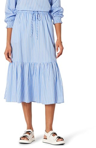 Amazon Essentials Women's Relaxed-Fit Midi-Length Tiered Cotton Sateen Skirt, Blue White Stripe, X-Small