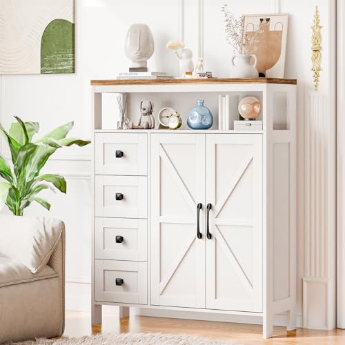 Befrases Farmhouse Storage Cabinet with 2 Doors and 4 Drawers, Freestanding Bathroom Cabinet Kitchen Pantry, Floor Storage Cabinets Hutch Cupboard for Kitchen/Living Room/Bathroom （Unique White）
