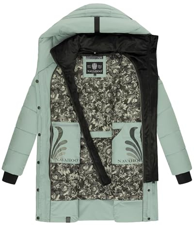 Navahoo Damen Wintermantel warmer Steppmantel lang mit Kapuze und abnehmbarem Fleece-Kragen Knutschilein Smokey Mint Gr. L