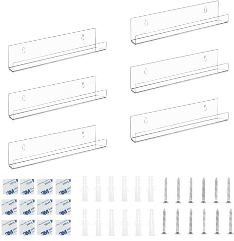 JSUOEO 6 Stück Schallplattenständer, 30.5cm / 12 Zoll Schallplatten Vinyl Wandhalterung mit Schrauben Klare Acryl Regale Selbstklebend Platten Halter Wand für CD Fotos Storage