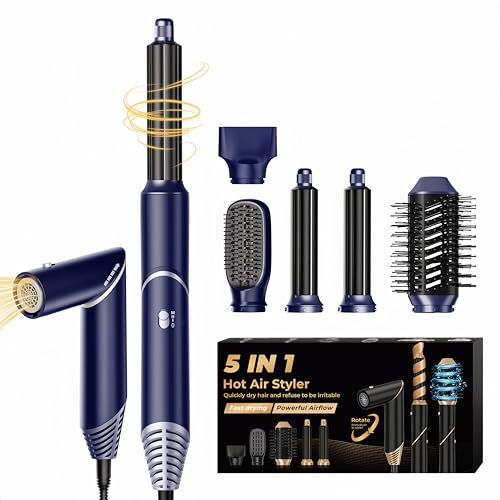 UKLISS 5 in 1 Hair Air Styler Dryer with Air Curlers Auto Curling Wands Multi-use Hair Blow Dryer for Women Set, with Hair Styling Tools Hair Styler Hair Curlers Hair Straightening Brush, Blue/Sliver