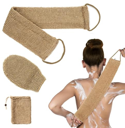 3 Pcs Hemp Back Scrubber Set, Natural Exfoliating Back Strap with Mitt and Soap Bag, Loofah Back Strap for Body Shower, Strap with Handles, Deep Cleaning, Dead Skin Removal for Men and Women