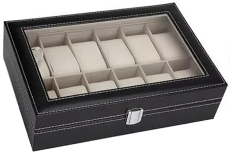Qupdjxukis klockdisplaybox av PU-läder, förvaringshylla för samlingar, smyckesförvaringslåda, klockförvaring, 12-siffrig klocklåda, på bilden, B