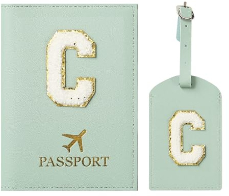ZVRSUA Reisepasshülle und Kofferanhänger mit Buchstabe C,Passport Hülle, Hülle Reisepass,Ausweismappe, der Pass, Kofferanhänger für Kreuzfahrten und Flugreise,Geschenk für Damen/Teenager/Kind(Grün C)