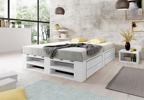 Lermowood Palettenbett M2 aus Holz 200 x 200 cm Weiß mit Lattenrost und 2 Bettkästen Holzbett 30cm Stabiles Seniorenbett Kinderbett Jugendbett Gästebett erhöhtes Bettgestell Futonbett Komforthöhe