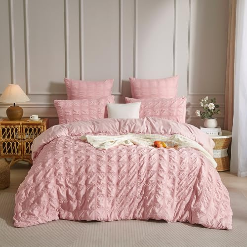 Luowei Seersucker Bettwäsche 135x200cm Kariert Rosa Flauschig Bügelfreie Bettwäsche Aesthetic Set Sommer Kühlend Bettbezug 135x200 mit Reißverschluss und Kissenbezug 80x80 cm