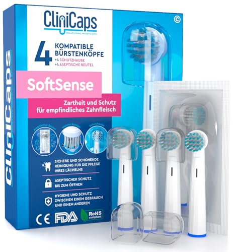 4 Testine Morbide Spazzolino Elettrico Ricambio Compatibile con Oral-B Setole Morbide per Gengive Sensibili CliniCaps SoftSense Colore Bianco Doppia Protezione Bustina Asettica e Cappuccio Protettivo
