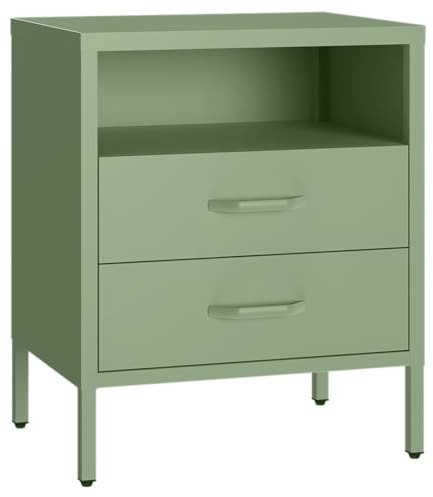 skølm Mizar Nachttisch mit 2 Schubladen – Metallschrank klein für Schlafzimmer/Wohnzimmer – Nachtschrank Metall mit Ablagefach – Nachtkommode Beistelltisch Mintgrün höhenverstellbar 60x50x38 cm