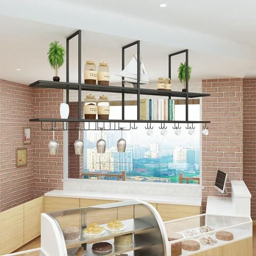 JIPOFAN Portabottiglie sospeso - Portabicchieri da soffitto, Ripiani portaoggetti sospesi al soffitto, Ripiani galleggianti in Legno massello, Espositore da Bar, Espositore da Ristorante