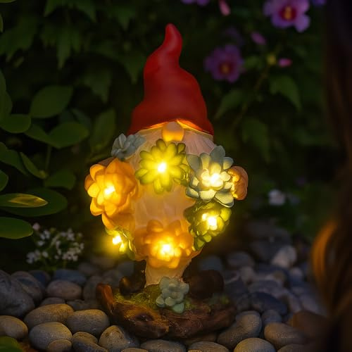 Solar Gonk Garden Ornament with LED Lights – Pack of 1 - 21cm/8.1 inch Outdoor Gnome Statue with Succulent Plant, Decorative Figurine for Patio, Balcony, Yard, Lawn – Unique Housewarming Gift