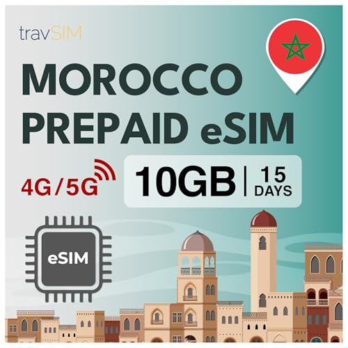 travSIM eSIM Marocko | 15 dagar – 10 GB SIM | 5G/4G höghastighetsdata | Obegränsad internetåtkomst för Google, Facebook, Whatsapp, Instagram med mera
