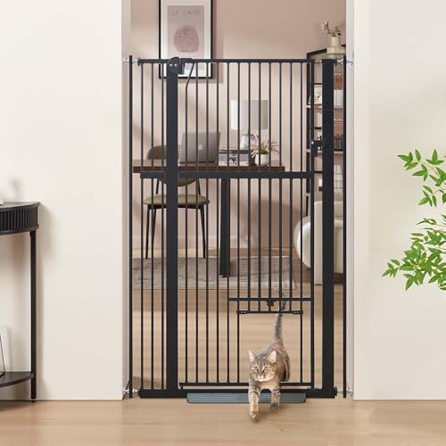 unipaws Säkerhetsgrind extra hög 142 cm med lucka, för hundar och katter, bredd 79–95 cm, tryckfäste utan borrning, för trappa eller dörr, automatisk stängning, svart