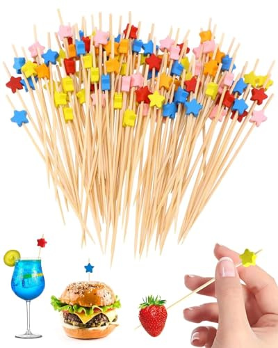 FUGLUS 100Pcs Brochettes de Cocktails,Coloré Brochettes Bocktail Bambou Deco,12cm Batons de Bocktail en Bambou Jetables Convient pour Anniversaires,Mariages,Fêtes（Étoile）