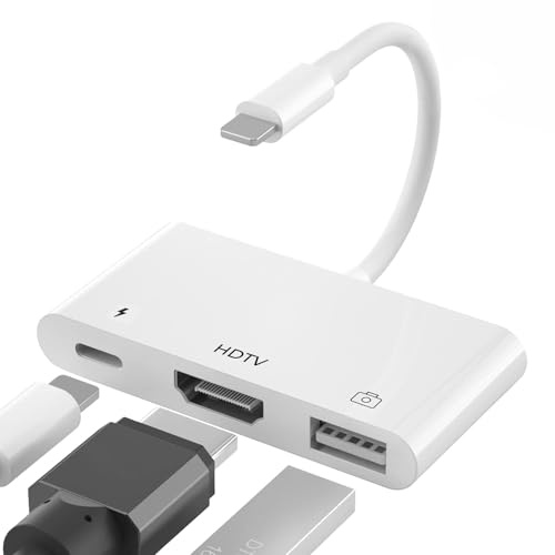 3-in-1 Lighting HDMI Adapter für iPhone & iPad, [Apple MFi-Zertifiziert] 1080P Digital AV Adapter mit OTG & Aufladen, Unterstützt USB-Stick, Kompatibel mit iPhone 14/13/12/11/XS/X, iPad