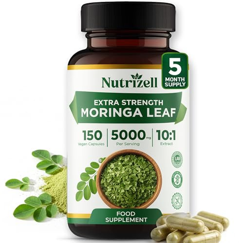 NutriZell Moringa Capsules 5000mg – High Strength Moringa Oleifera – 150 Vegan Capsules – Natural Energy, Immunity & Vitality Support – Pure Leaf Extract Superfood Supplement