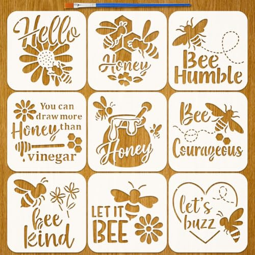 FINGERINSPIRE 9 Stück Bienen Honig Wörter Malschablone Mit Pinsel 15x15cm Wiederverwendbare Bienen Schablone DIY Bastelvorlage Kunststoff Zeichenvorlage Zum Malen Auf Holz Fliesen Papier Stoff Boden
