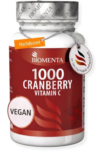 BIOMENTA Cranberry Kapseln hochdosiert I 180 Vegane Einheiten mit 1000mg Pflanzenextrakt & Vitamin C I Großfrüchtige Moosbeere Extrakt I Für normales Immunsystem & Oxidativen Zellschutz *