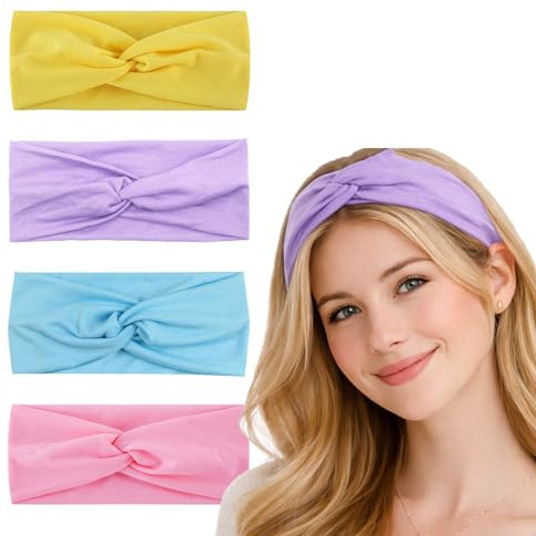 4Pack Pastel Hairbands for Women & Girls - Wide Soft Stretch Twist Head Wraps - Non Slip Sports Headbands for Yoga Gym Fitness Running Hiking Daily Wear, Light Candy Colour Mix