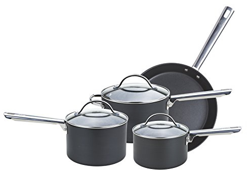 Anolon Juego profesional de ollas y sartenes – Juego de 4 sartenes antiadherentes con tapas de vidrio, asas de acero inoxidable duraderas, cacerolas y sartenes seguras para utensilios de metal, color