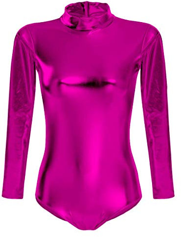 FYMNSI Damen Glänzende Ballettanzug Ballettbody Sport Tanz Body Gymnastikanzug Trikot Langarm Bodysuit Metallic Wetlook Einteiler Turnanzug Leotards Overall Lack Leder Oberteile Top Kostüm Rose XL
