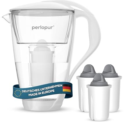 perlopur® Glas-Wasserfilter (weiß) +3 Filterkartuschen Protect+ | Borosilikatglas, 2 l gesamt, 1 l gefiltert, LED-Anzeige, für classic Kartuschen, für sehr hartes Wasser, starke Entkalkung