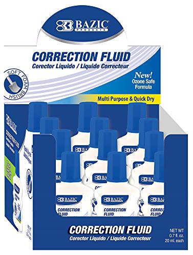 BAZIC Products Correction Fluid (0.7oz/20 ml), Foam Brush Applicator, Corrections Pen, Squeeze White Out Wipe Out Liquid, 12-Pack