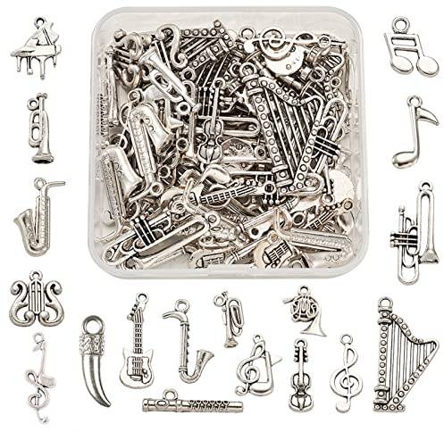 90 Stück/Box tibetische Antik-Silber-Anhänger, Charm-Anhänger für Musikinstrument, Charm-Perlen für Armband, Halskette, Schmuckherstellung, Metall