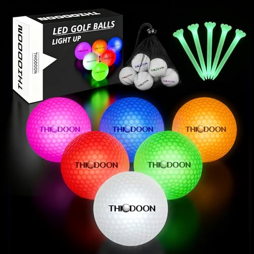 THIODOON Golfbälle mit 7 Farben, die im Dunkeln leuchten, wechselt ständig und der Timer setzt jeden auffälligen LED-Golfball zurück, 48 Stunden Akkulaufzeit, leuchtender Golfball für Nachtgolfen