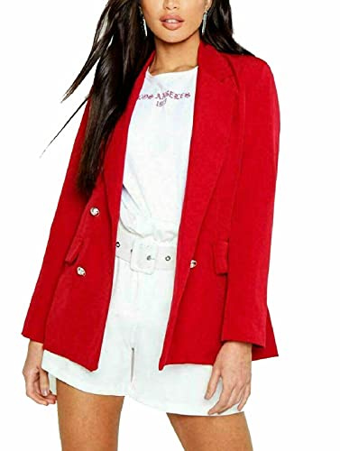 TrendyFashion Dam vardaglig guldknapp långärmad dam dubbelbröst dammjacka öppen framsida blazer, Röd, 46/48 SE