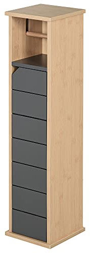 HOMCOM Badezimmerschrank mit höhenverstellbarem Regal Badmöbel mit Tür Toilettenpapier Handtuchhalter versteckter Griff MDF Bambus Braun+Grau 18 x 18 x 75 cm