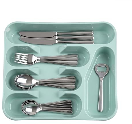 plastific Large CUTLERY TRAY Flatware Organiser Strong Plastic Drawer Sliding Tidy Rack Holder Drawer Insert Tidy Storage, 33.5 x 26.5 x 4.5 cm - Solid Base, Mint Green