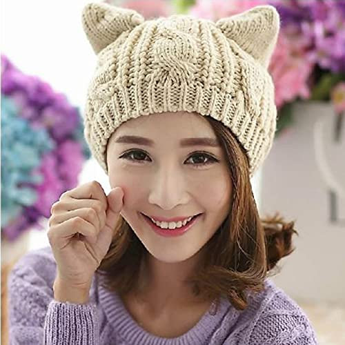 LUNULE Damen Strickmütze Süsse Katze Ohren Tiermütze Winter Verdicken Warme Strick Skimütze für Frauen Laufen Outdoor Radfahren Ski Joggen Wintermütze Damen Tierform Strick-Mütze Winterhüte