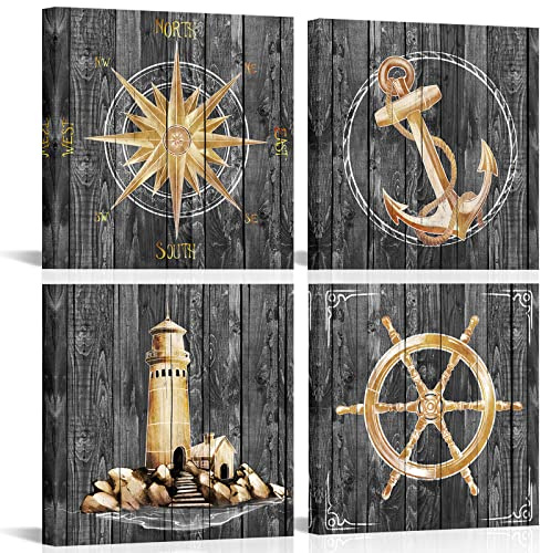 VANSEEING Nautische Wandkunst Ozean-Thema Leuchtturm Boot Anker Schiffsrad Kompass Gemälde Rustikale Bilder Kunstwerk Poster Druck Wanddekoration für Zuhause Badezimmer 30,5 x 30,5 x 4 Stück