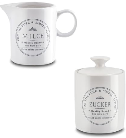 KHG Milchkännchen Zuckerdöschen Set je 200 ml, Volumen, praktisch im Alltag | Steingut Keramik Landhaus Vintage Stil Zierschrift, präziser Ausgießer, Henkelgriff, den Kaffee- und Tee-Service