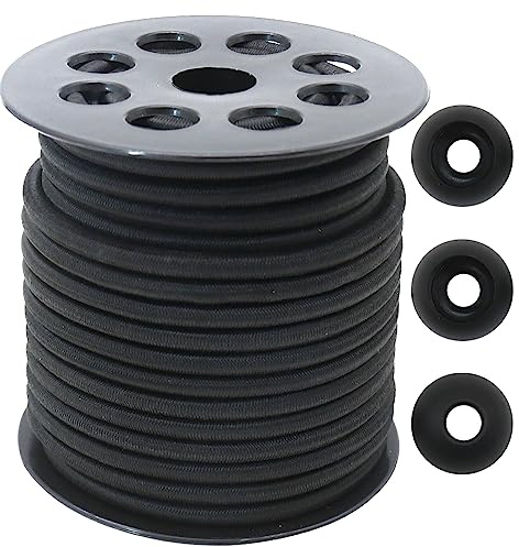 ZHFLMY 5mm Black Bungee Shock Cord Roll 1/5in 50ft Thick Elastic Sewing String with Ball Polyester Elastic Heavy Strength Stretchy Cord for Tents Kayak, Marine Grade, DIY Crafts Sewing(ZH133)