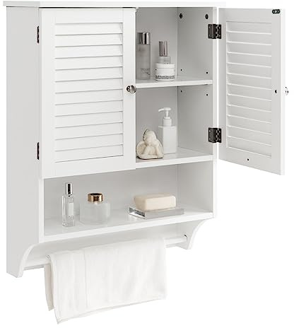 COSTWAY Armadietto da Bagno Sospeso, Armadietto da Parete con 2 Ante, con Ripiano Regolabile in 3 Posizioni e Barra Porta Asciugamani, 60x22x75 cm (Bianco)