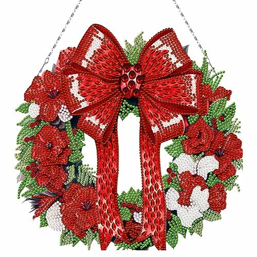 Demiawaking 5D DIY Diamond Painting Weihnachten Girlande Kranz Set, Diamant Painting Anhänger Kits mit Kette, Diamant Malerei Türkranz Weihnachtsdeko Tür Fenster Deko DIY Geschenk (L)