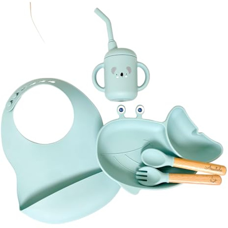 Pack repas + bavoir + verre à paille pour enfant personnalisé | Cadeau de Bapteme naissance | Cadeau enfant et bébé | Kit Coffret Diner (Bleu clair)