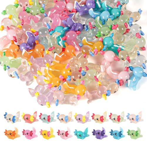 XIHIRCD 32 Piezas Mini Ajolotes de Resina, Brillan en la Oscuridad Pequeñas Figuras de Animales para Bricolaje Manualidades Jardín Paisaje Casa de Muñecas Plantas en Macetas Decoraciones (16 Colores)